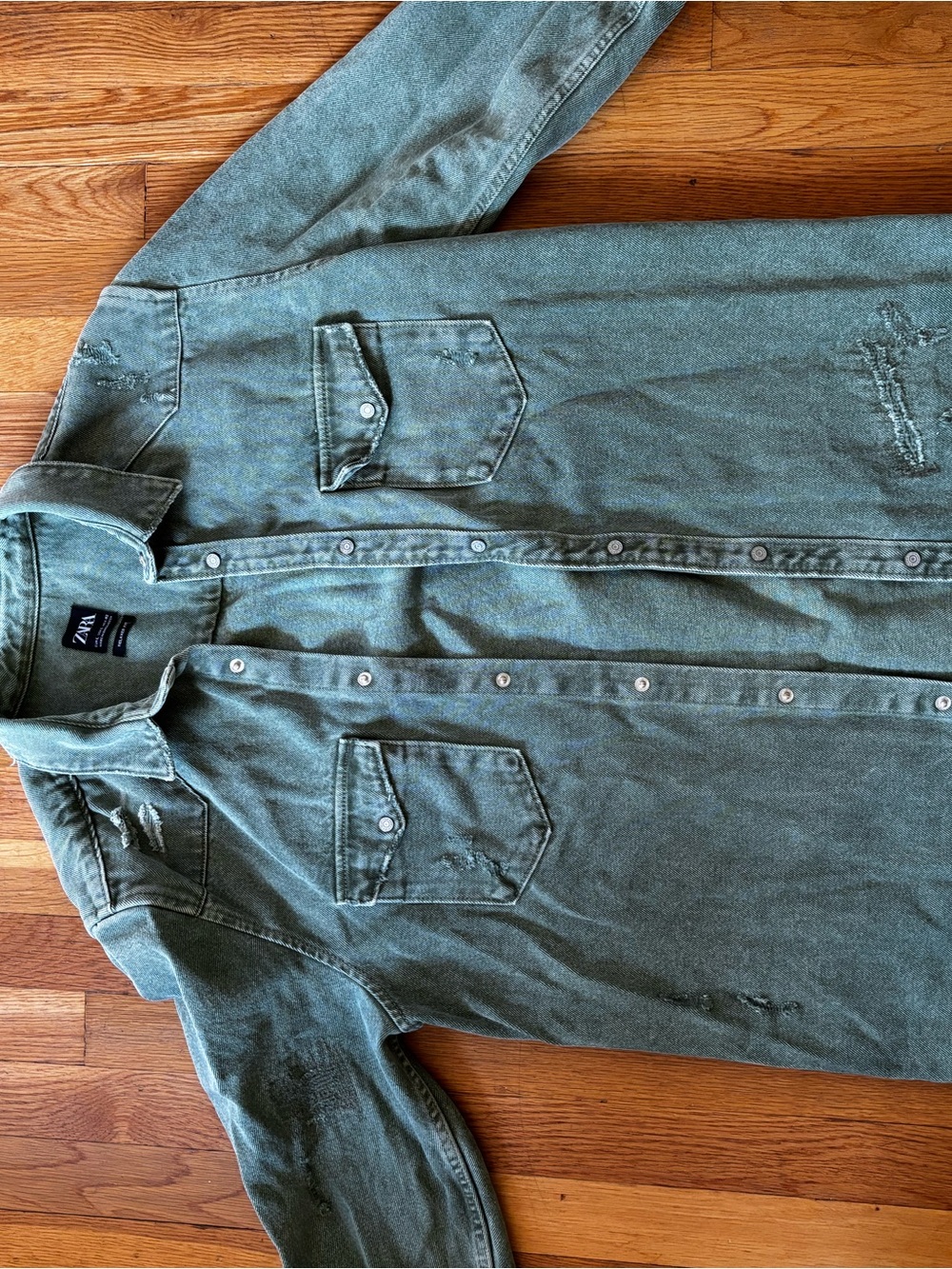Zara Olive Green Distressed Denim Shirt Jacket